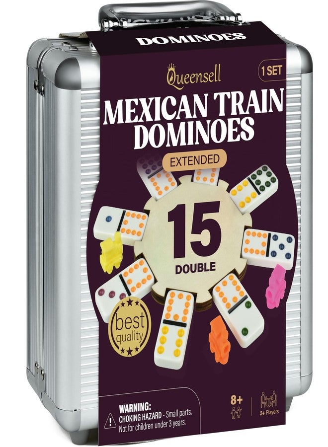 Queensell Mexican Train Dominoes Set Double 15 for Adults and Family, Mexican Train Double 15 Dominoes Set Colored Dot - 136 Tiles, 9 Trains, Wooden Hub, Aluminum Case (Double 15) - Image 1