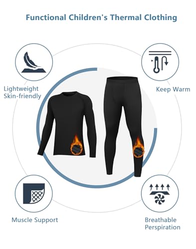 HovSiyla Youth Thermal Base Layer Set Fleece Lined Undershirt Unisex Athletic Shirt Kids Pants for Ski Black S - Image 3
