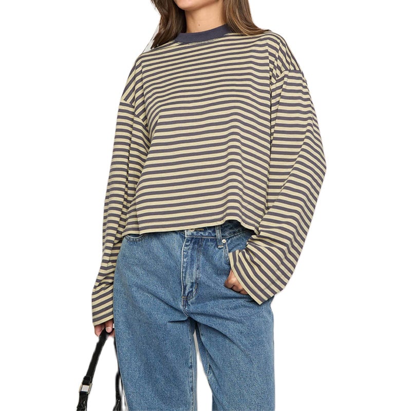 JINZIYINZI Women Striped Long Sleeve Baggy T Shirts Y2k Vintage Stripes Oversized Boxy Tees Cropped Tops Lionesss Stripped Sweatshirt Fall Preppy Teen Girl Clothes