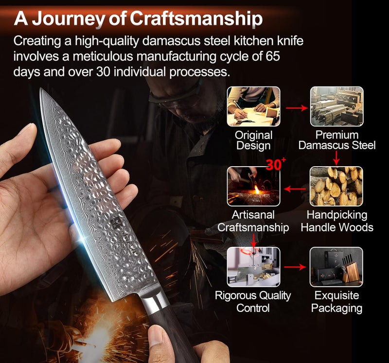 XINZUO Damascus 7-Piece Kitchen Chef Knife Block Set,Professional Sharp Cutting Knife Set with Block,Pakkawood Handle,Chef Gift Box - Image 5