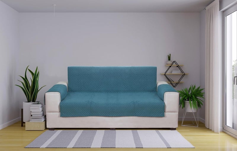 Nendle Box Pattern Quilted Single Piece Sofa Cover 3Seater Soft Velvet Universal Non-Slip Protector Covers with Attached Handle Covers for Living Room, Drawing Room (Aqua, Pack of 1) - Image 1