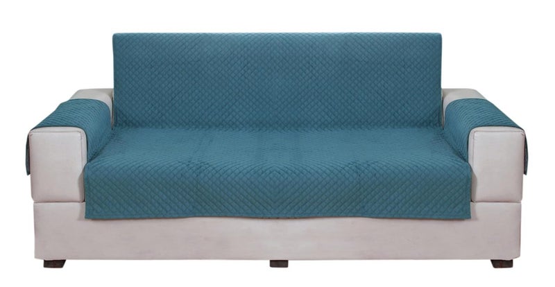 Nendle Box Pattern Quilted Single Piece Sofa Cover 3Seater Soft Velvet Universal Non-Slip Protector Covers with Attached Handle Covers for Living Room, Drawing Room (Aqua, Pack of 1) - Image 2