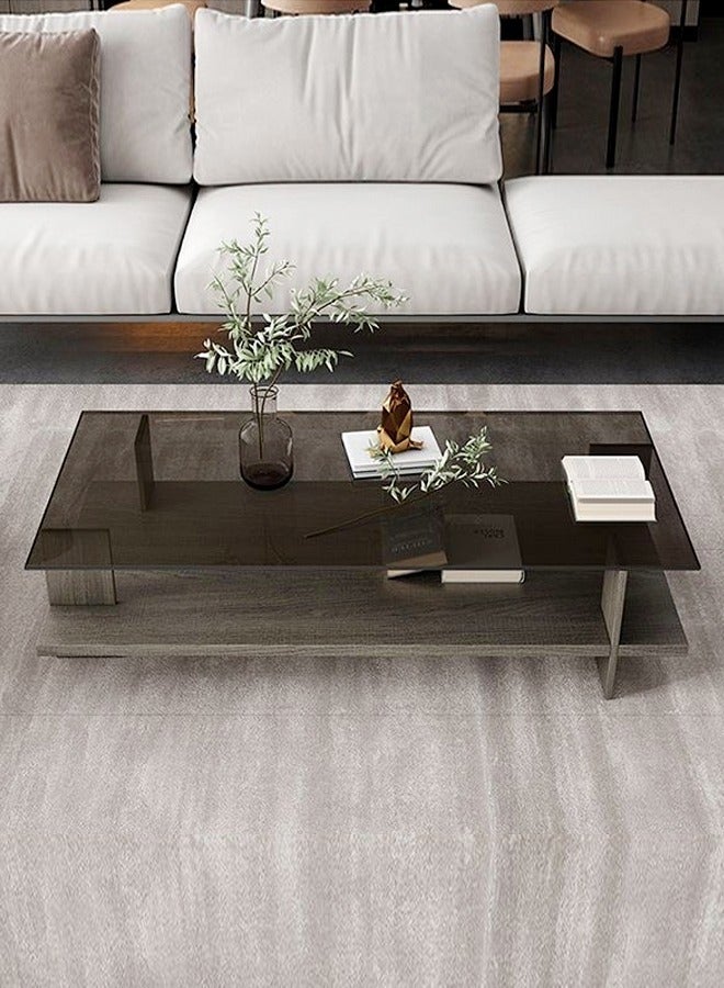 Raffine 2 Tiers Multipurpose Use Classic Design Solid Wood Coffee Table Tempered Glass Tabletop Rectangular Serving Table Center Table for Living Room Bedroom Waiting Room Home Office 120x60x38 cm - Image 1