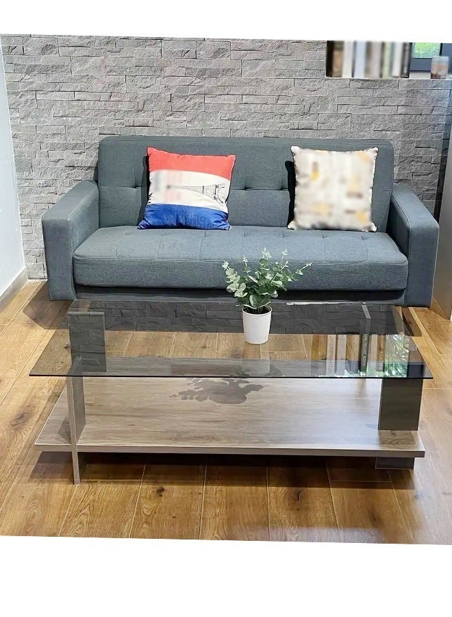 Raffine 2 Tiers Multipurpose Use Classic Design Solid Wood Coffee Table Tempered Glass Tabletop Rectangular Serving Table Center Table for Living Room Bedroom Waiting Room Home Office 120x60x38 cm - Image 2