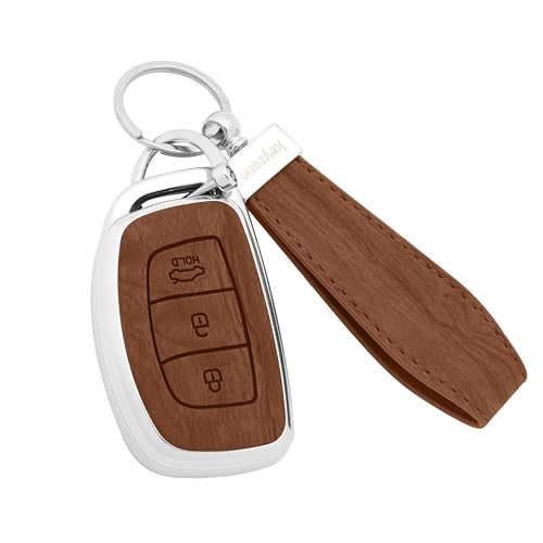 keyzone Woodgrain TPU Key Cover & Keychain for Hyundai Exter, Creta, i20, Aura, Xcent, Tucson, Elantra, Verna, Grand i10 3 Button Smart Key (Walnut Brown) - Image 1