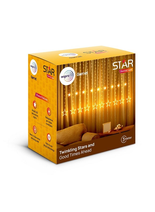 wipro Polycarbonate Garnet 12 Stars 3 Meter Curtain Led Festive Lights|Indoor String Lights|Decoration for Diwali, Wedding, New Year and Home|6 Large and 6 Small Stars|Warm White, 108 LEDs, Pack of 1 - Image 2