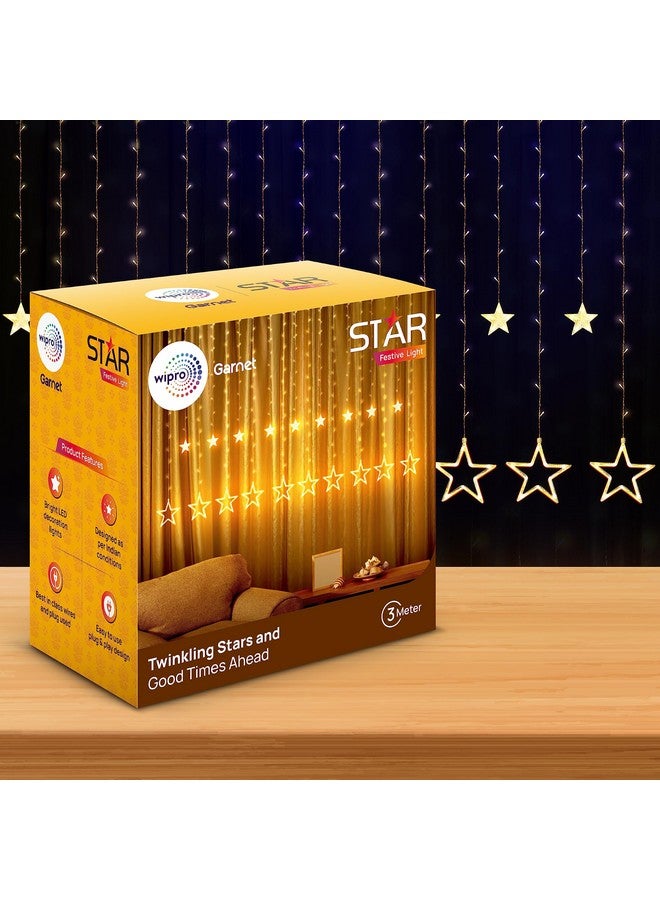 wipro Polycarbonate Garnet 12 Stars 3 Meter Curtain Led Festive Lights|Indoor String Lights|Decoration for Diwali, Wedding, New Year and Home|6 Large and 6 Small Stars|Warm White, 108 LEDs, Pack of 1 - Image 1
