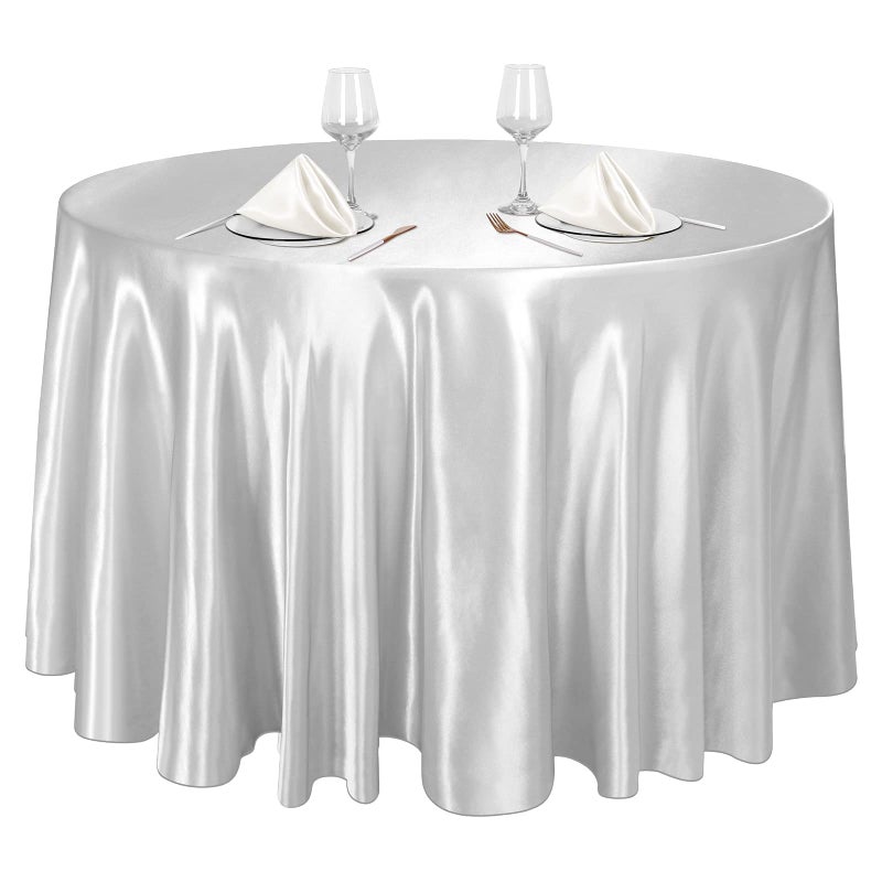 Ruisita 120 Inches Round Satin Tablecloths Silver Overlay Round Satin Table Cover Bright Silk Tablecloth Smooth Fabric Table Decor for Wedding Banquet Table Decoration