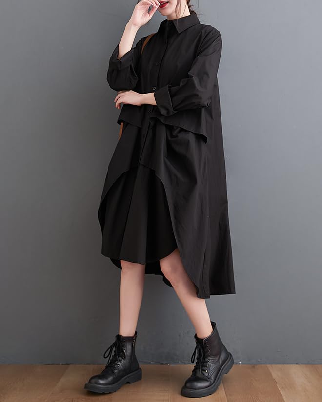 ellazhu Women's T-Shirt Dress Casual Lapel Long Sleeve Oversize Irregular Hem Button Down Solid GZ622 Black - Image 1