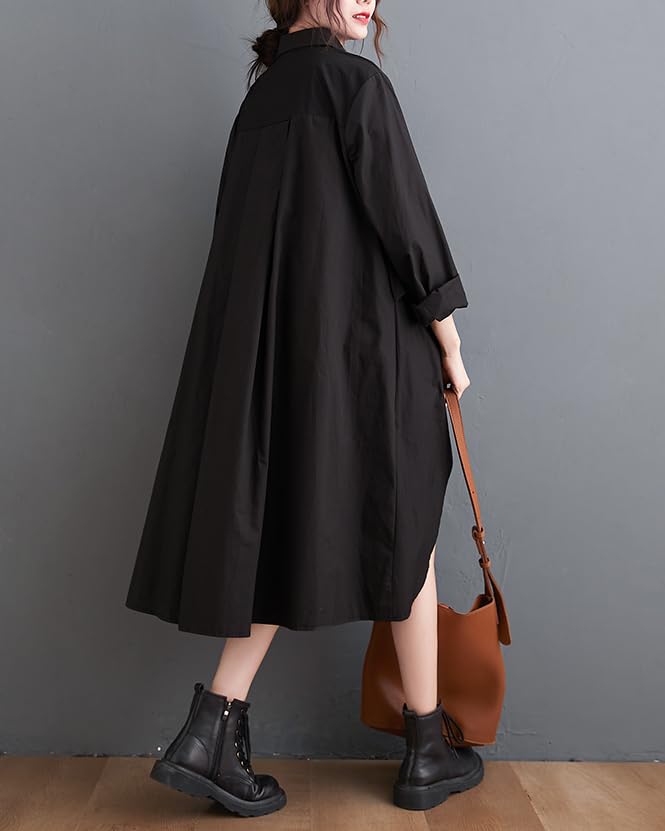 ellazhu Women's T-Shirt Dress Casual Lapel Long Sleeve Oversize Irregular Hem Button Down Solid GZ622 Black - Image 2