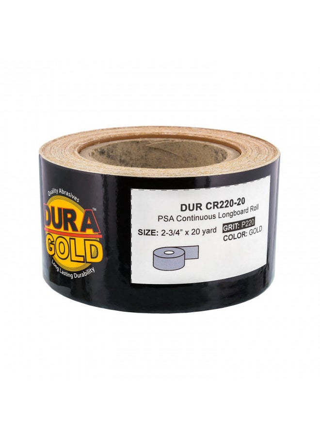 Dura-Gold Dura-Gold Premium 220 Grit Gold PSA Longboard Sandpaper 20 Yard Long Continuous Roll, 2-3/4" Wide - Self Adhesive Stickyback Sandpaper for Automotive, Woodworking Air File Sanders, Hand Sanding Blocks  - Image 1