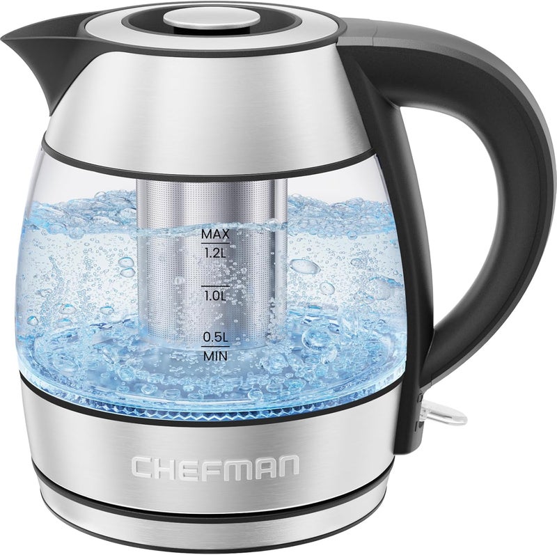 CHEFMAN Electric Kettle - 1.2L 1500W Hot Water Tea Pot with Infuser, BPA Free, Auto Shut Off, Boil-Dry Protection, Removable Lid, LED Light, Cordless Glass Electric Tea Kettle – Stainless Steel - Image 1