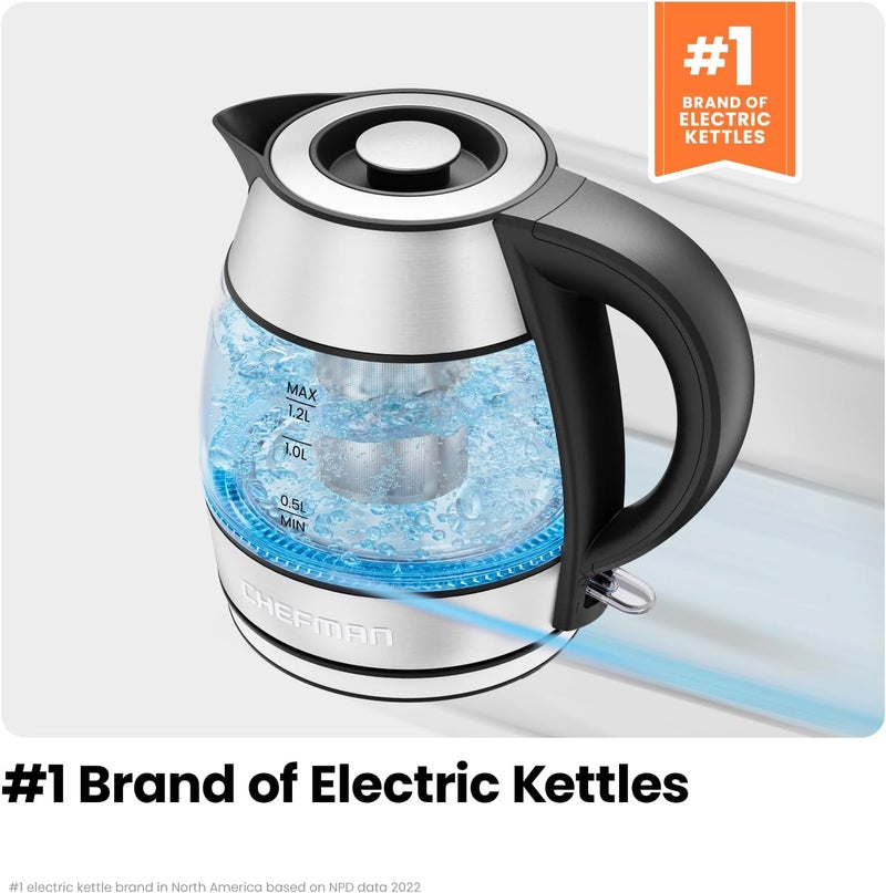 CHEFMAN Electric Kettle - 1.2L 1500W Hot Water Tea Pot with Infuser, BPA Free, Auto Shut Off, Boil-Dry Protection, Removable Lid, LED Light, Cordless Glass Electric Tea Kettle – Stainless Steel - Image 4
