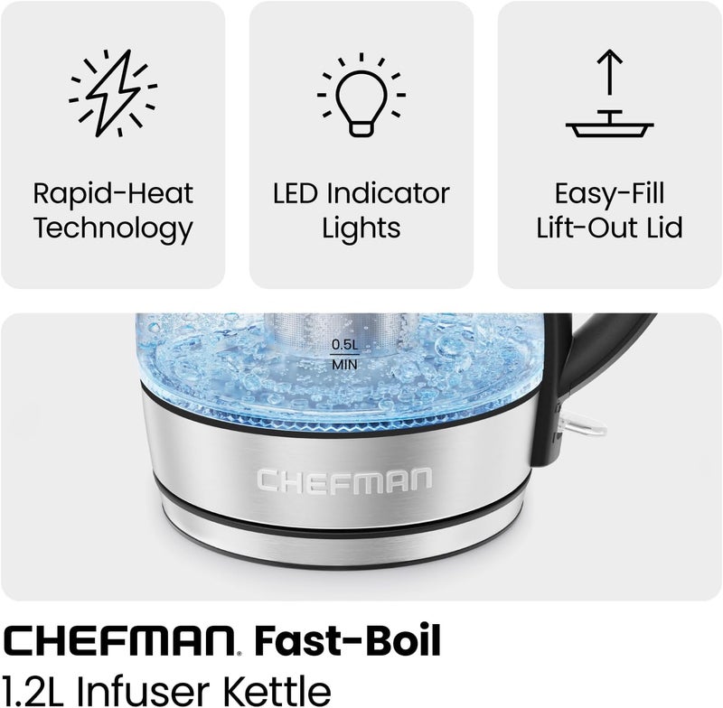 CHEFMAN Electric Kettle - 1.2L 1500W Hot Water Tea Pot with Infuser, BPA Free, Auto Shut Off, Boil-Dry Protection, Removable Lid, LED Light, Cordless Glass Electric Tea Kettle – Stainless Steel - Image 3