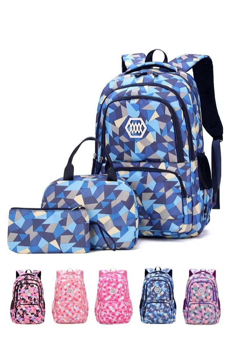 SänHahn Set Of 3 Printed Nylon Backpack Large Capacity Schoolbag and Shoulder Bag and Pencil Case for Kids/Girls Blue 