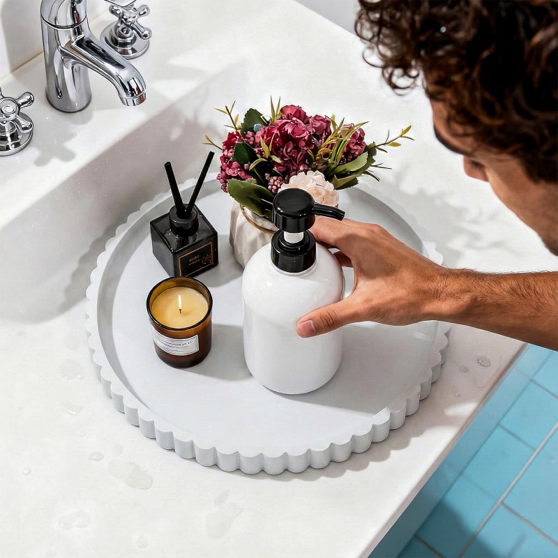 Highherz Silicone Bathroom Countertop And Vanity Tray  Round Silicone Bathroom Tray  Modern Bathroom Decor  Coffee Table Decor  Decorative Tray For Candle  Perfume  Plants (White  9 Inch) - Image 3