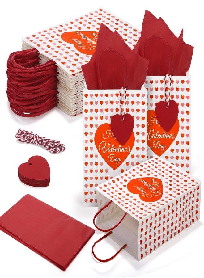 MIMIND 24 Pack Valentine's Day Gift Bags Heart Print Paper Gift Bags with Red Tissue Paper & Heart Tags Valentine’s Day Party Favor Bags for Valentines Wedding Anniversary Bridal Shower Gift Wrapping - Image 1