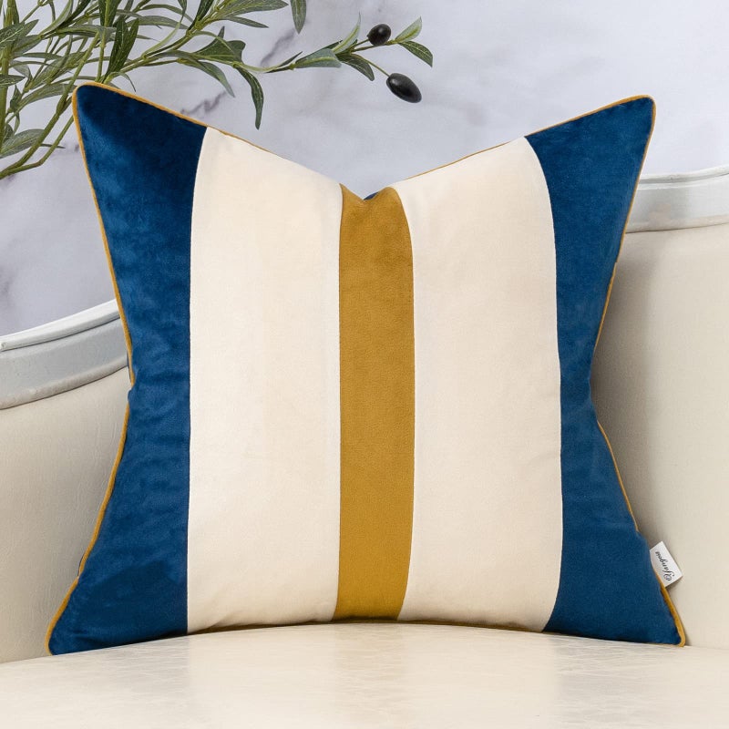 Yangest Navy Blue Patchwork Throw Pillow Cover Striped Velvet Cushion Case Modern Pillowcase for Sofa Couch Bedroom Living Room Home Decor20x20 Inch