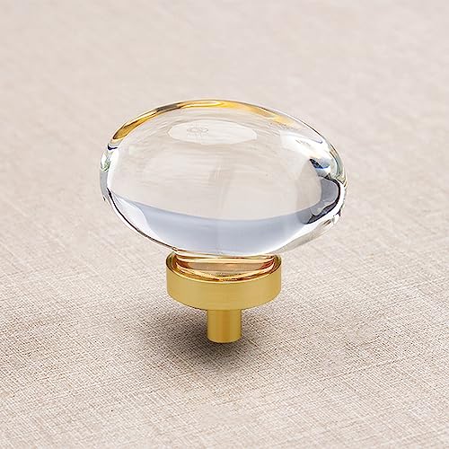 CLCTK 16 Pack Glass Cabinet Knobs and Pulls Oval Crystal Knobs for Dresser Drawers Satin BrassGold Kitchen Cabinet Knobs Egg Shape