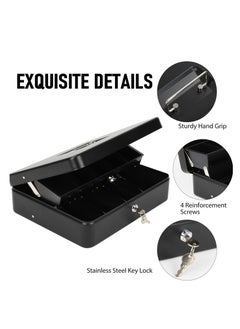 Excefore Lock Safe Box, Cash Box with Lock and 2 Keys, Metal Money Box with Cash Tray, Lock Safe Box for Office Business, 4 Bill/5 Coin Slots, 29.97L x 24.13W x 8.89H cm (Side Key-Black)  - Image 3
