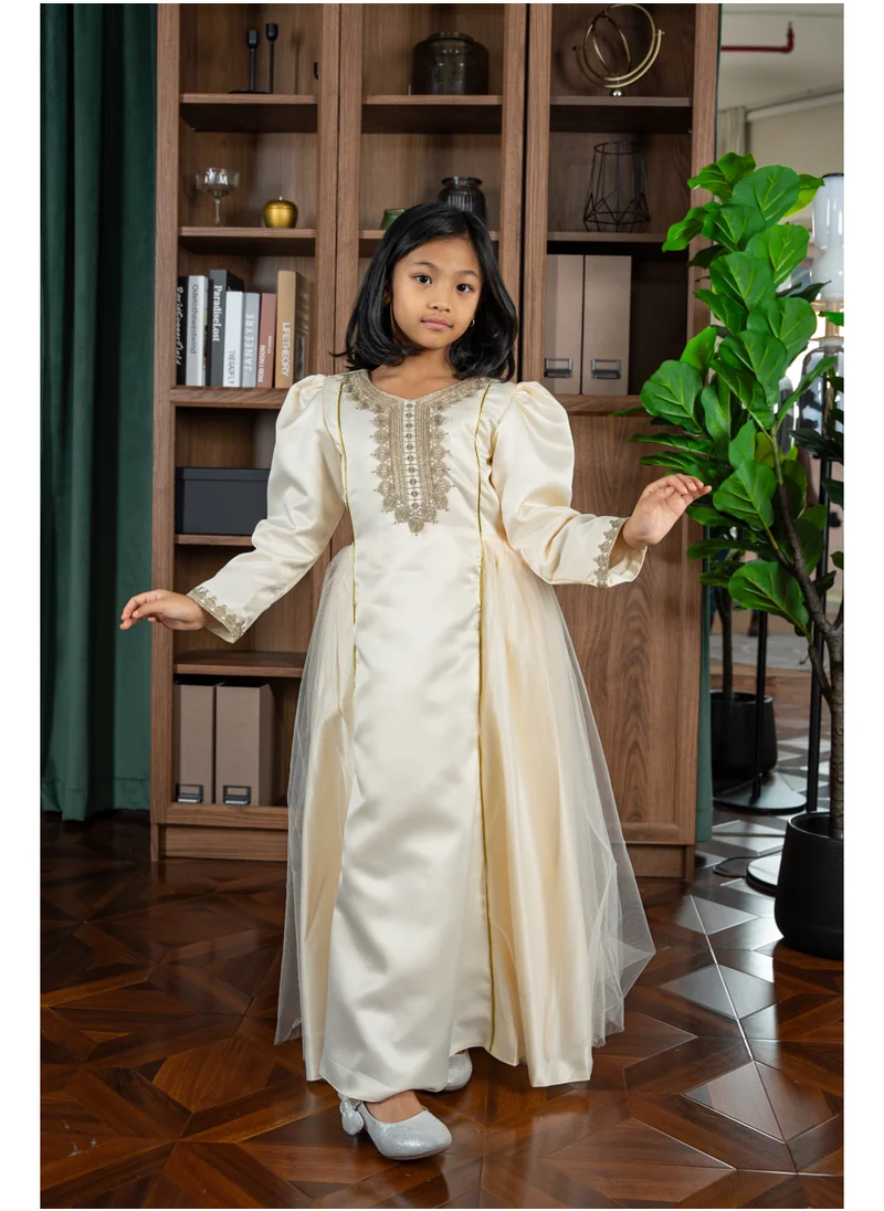 D'Daniela Zara Embroidered Cream Jalabiya Abaya with Tie-Up Belt and  Sleeves -for Girl
