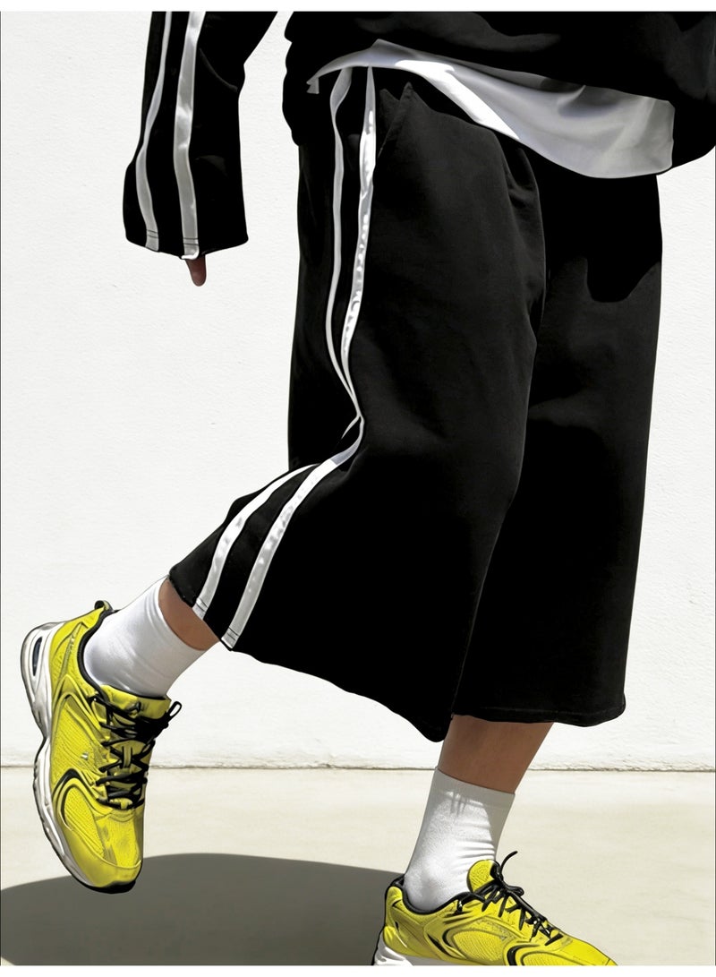 Men's Black Casual Shorts Oversized Wide Leg Bermuda Shorts with Side Stripes Elastic Waist Long Sweat Shorts - Image 1