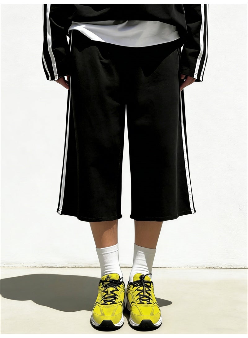 Men's Black Casual Shorts Oversized Wide Leg Bermuda Shorts with Side Stripes Elastic Waist Long Sweat Shorts - Image 3
