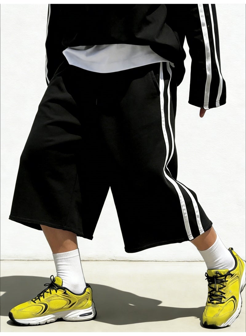 Men's Black Casual Shorts Oversized Wide Leg Bermuda Shorts with Side Stripes Elastic Waist Long Sweat Shorts - Image 2