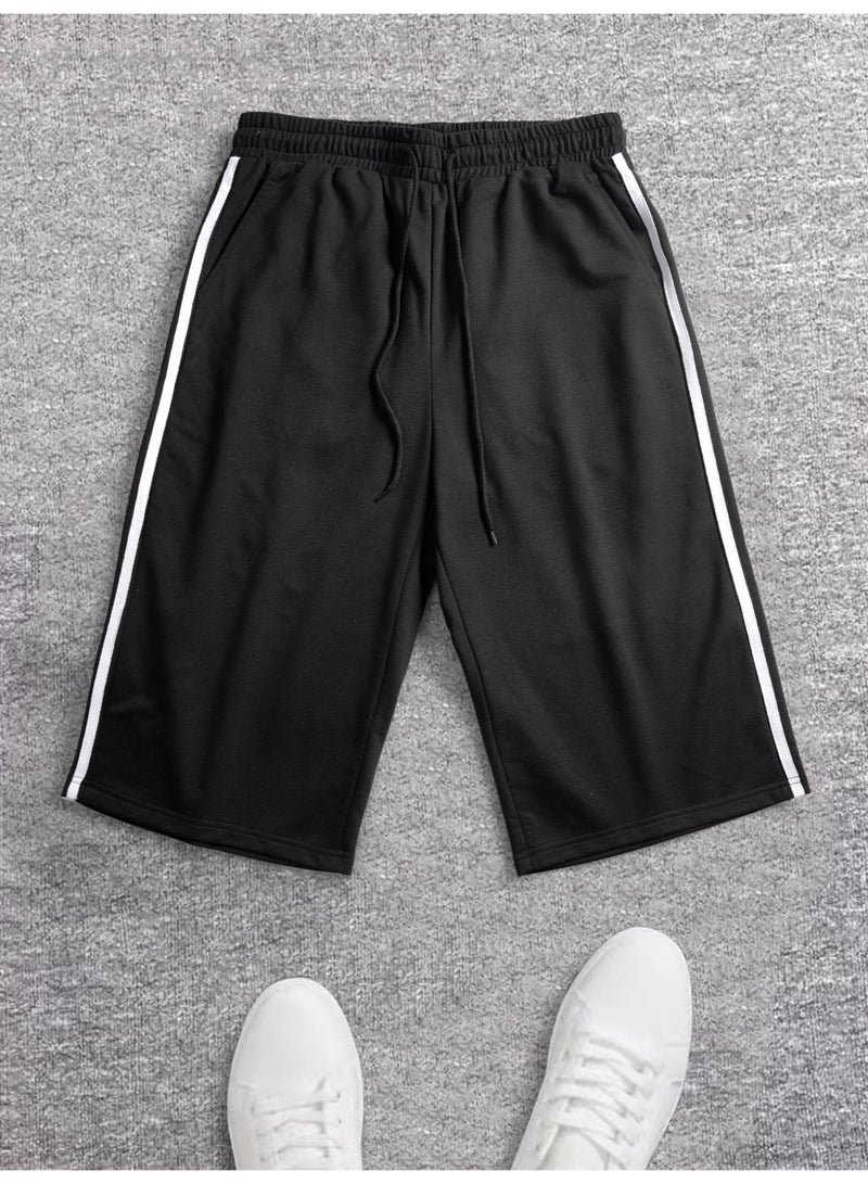 Men's Black Casual Shorts Oversized Wide Leg Bermuda Shorts with Side Stripes Elastic Waist Long Sweat Shorts - Image 5
