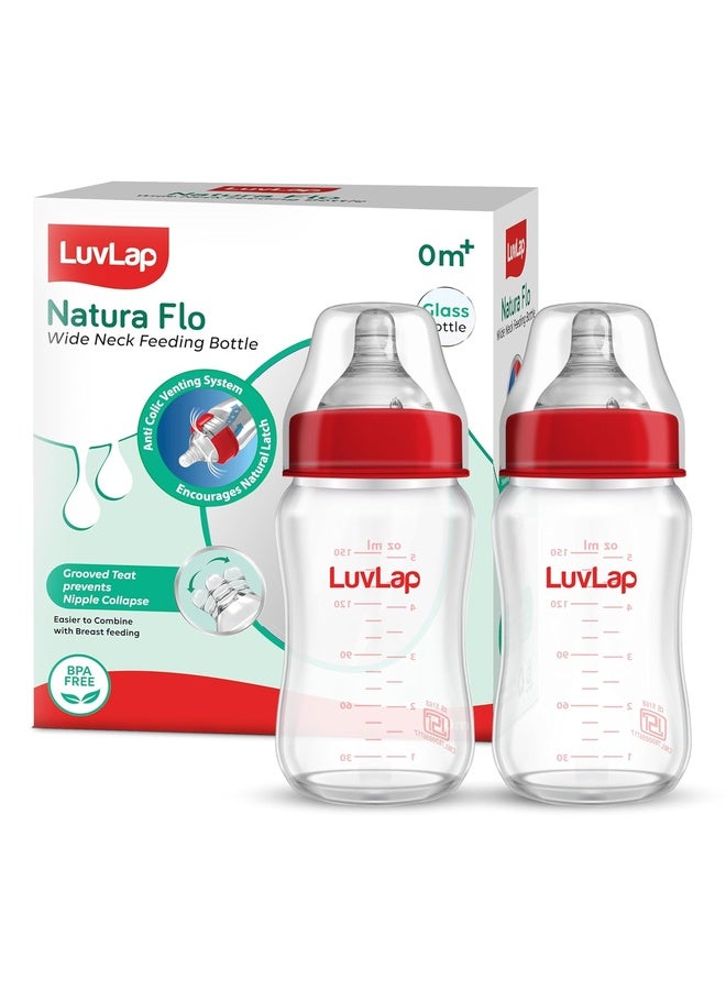Luvlap Natura Flo Wide Neck Glass Feeding Bottle, New Born/Infants/Toddler Upto 3 Years, BPA Free, Ergonomic Shape is Easy to Hold, with Anti Colic Nipple, Pack of 2, 150ml - Image 1