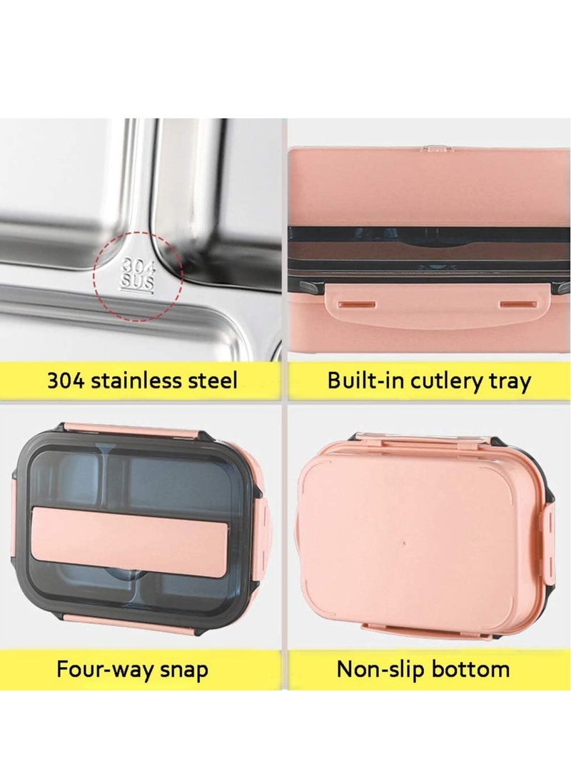 DubaiGallery Stainless Steel Bento Lunch Box With Fork Spoon 4-Compartment Metal Food Pail With Cover That Prevents Leaks & Spills - Image 3