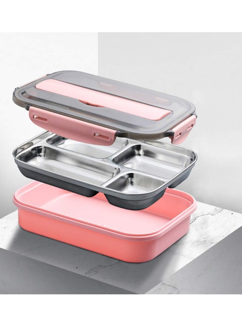 DubaiGallery Stainless Steel Bento Lunch Box With Fork Spoon 4-Compartment Metal Food Pail With Cover That Prevents Leaks & Spills - Image 2
