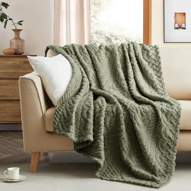Sherpa Throw BlanketCable Pattern Decorative Soft Cozy Blanket for Couch SofaLight Weight Fleece Warm Throw Blanket for BedOlive Sage Green152 x 203 cm