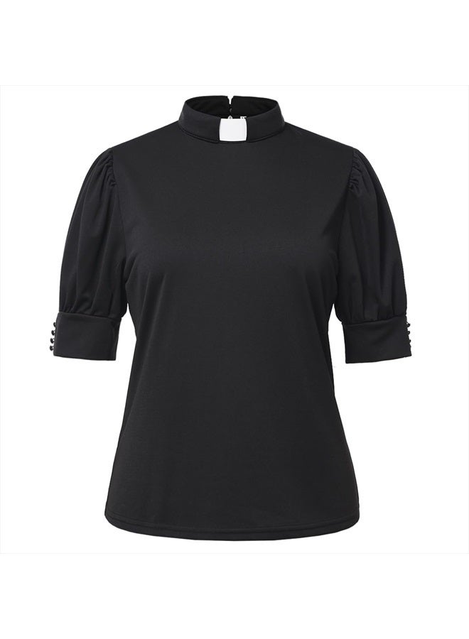 CAMDOM Womens Church Clergy Shirt Tab Collar Short Puff Sleeves with Cufflinks Blouse Top Black - Image 4