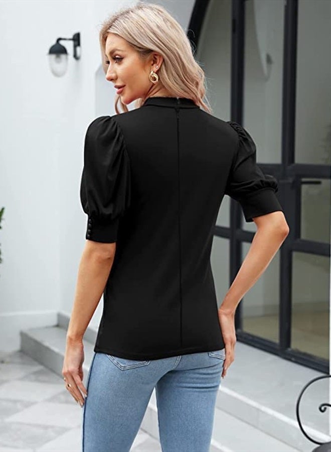 CAMDOM Womens Church Clergy Shirt Tab Collar Short Puff Sleeves with Cufflinks Blouse Top Black - Image 2