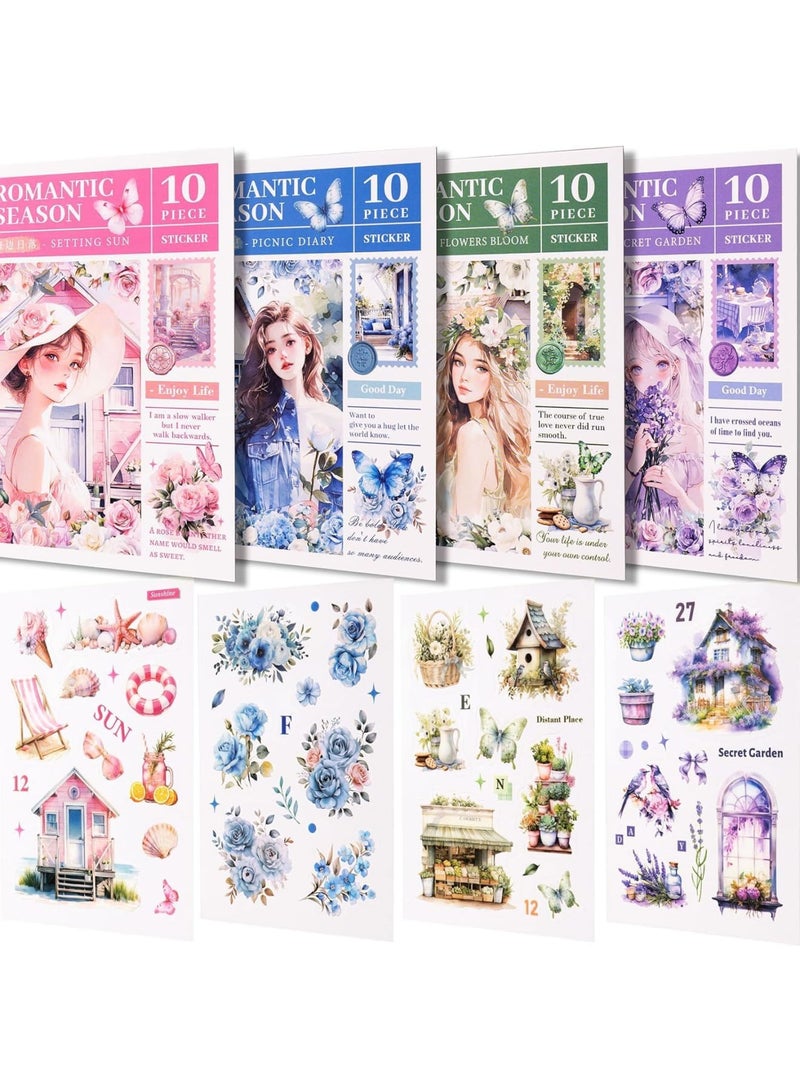 SYOSI Journaling Stickers Set, Romantic Seasons Scrapbook Stickers for Adults, Pre-Cut Transparent PET Decorative Labels for Junk Journals, Bullet Journals & Crafting, Floral/Vintage Designs (40-Sheet) - Image 1