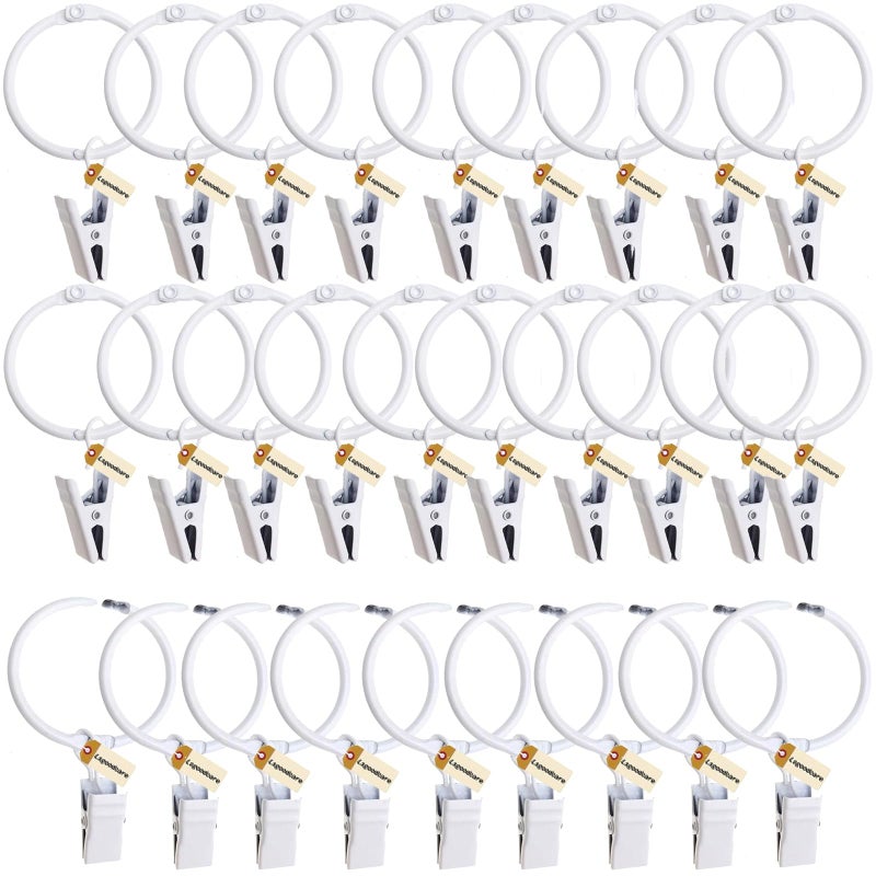 Lsgoodcare 2Inch Metal Curtain Rings with Clips White Openable Drapery Curtain Clip Rings Hooks Decorative Shower Window Rod Opening Clip Rings Pack of 30