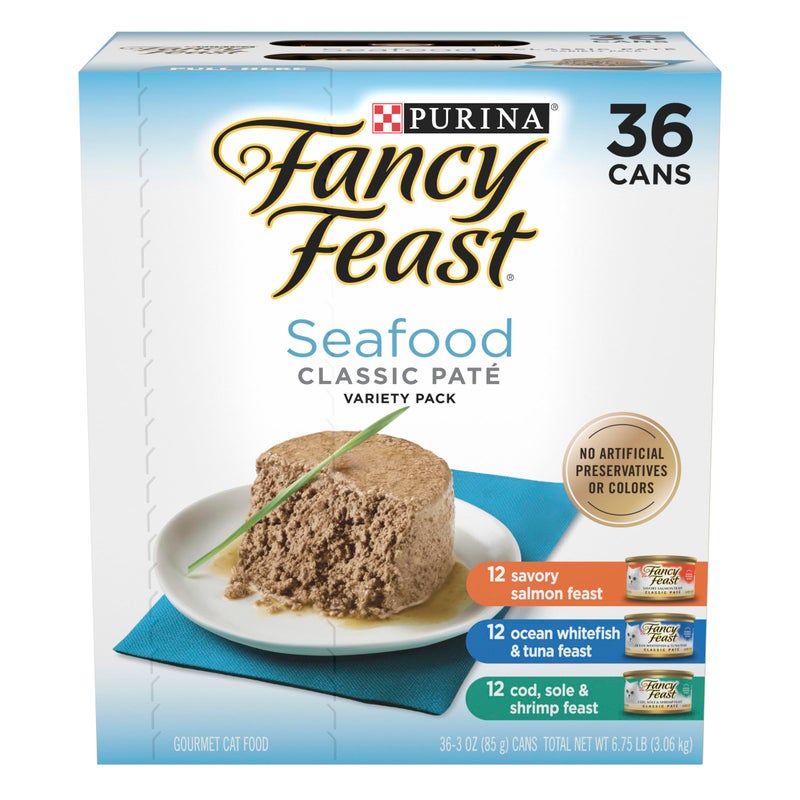 Fancy Feast Purina Fancy Feast Seafood Classic Pate Collection Grain Free Wet Cat Food Variety Pack - (Pack of 36) 3 oz. Cans - Image 1
