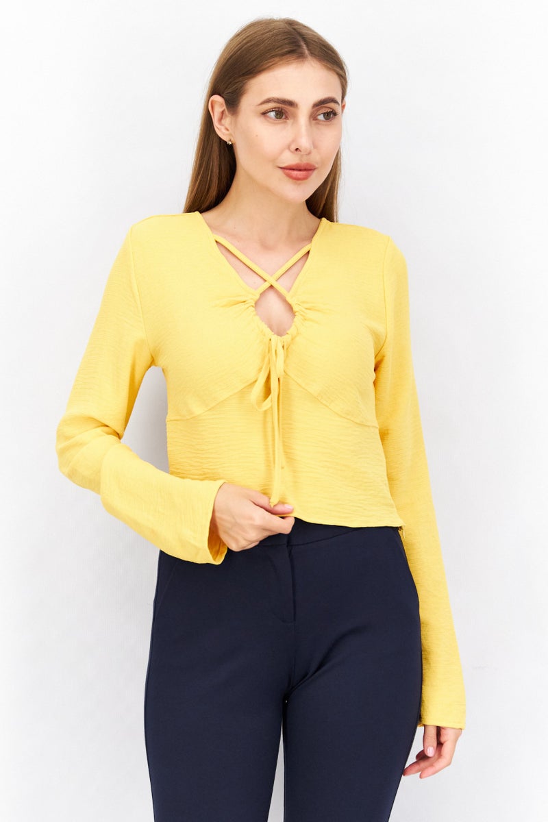 Reserved Women Crisscross Neck Long Sleeve Textured Top, Yellow - Image 1