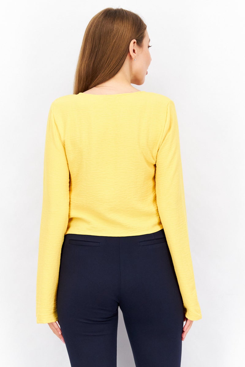 Reserved Women Crisscross Neck Long Sleeve Textured Top, Yellow - Image 4