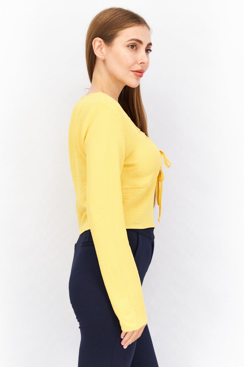 Reserved Women Crisscross Neck Long Sleeve Textured Top, Yellow - Image 3