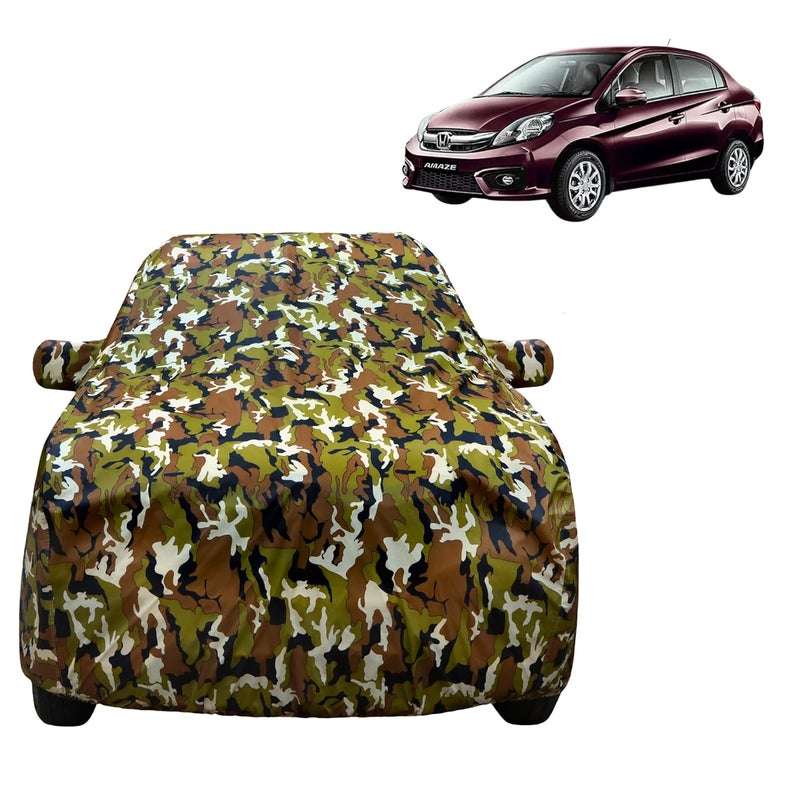 VYAS 100% Waterproof Car Body Cover for Honda Amaze (2013-2017) with Mirror Pocket Triple Stitched Belt & Buckle Fitting Dual Elastic, Durable Material Jungle Print Camouflage Design - Image 1