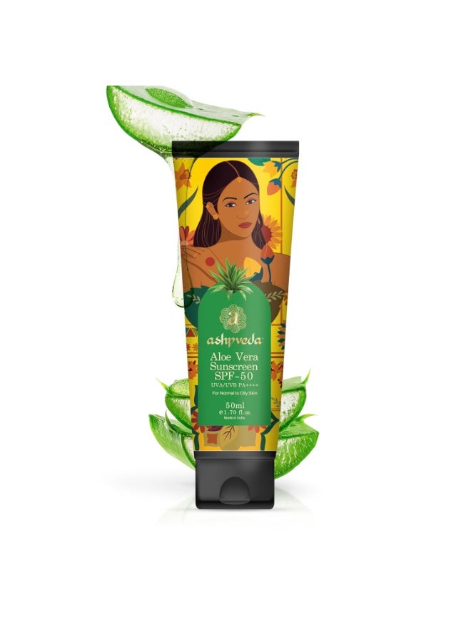 Ashpveda واقي شمس "أشبفيدا" (Ashpveda) بخلاصة الصبار - عامل حماية SPF 50 PA++++ | حماية واسعة النطاق من الأشعة فوق البنفسجية (UVA/UVB) والضوء الأزرق | مرطب، خفيف الوزن، سريع الامتصاص، لا يترك أثراً أبيض، غير دهني | للبشرة العادية إلى الدهنية (50 مل) - Image 1
