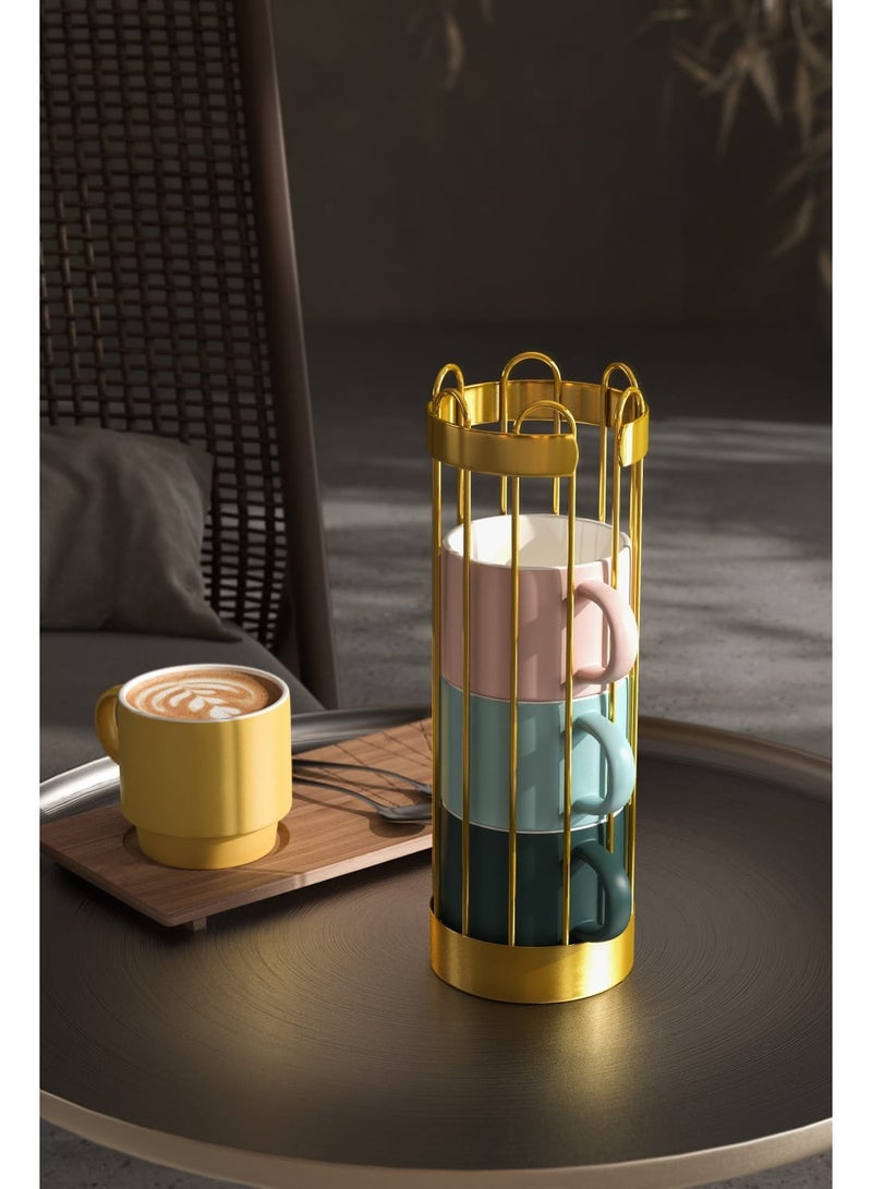 Smart Storage Stacking Mug & Stand Set with Gold Rack – Ceramic Coffee Cups Organizer. - Image 4