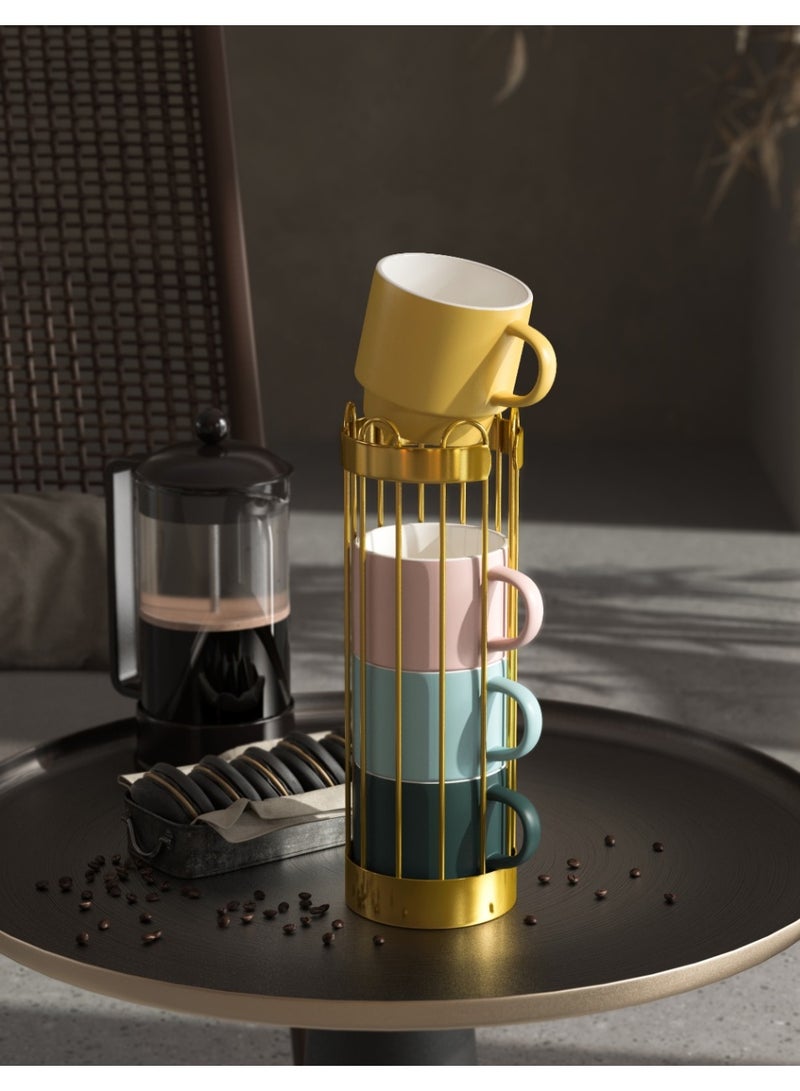 Smart Storage Stacking Mug & Stand Set with Gold Rack – Ceramic Coffee Cups Organizer. - Image 5