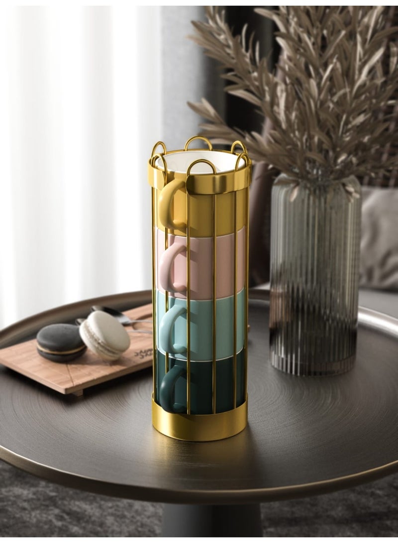 Smart Storage Stacking Mug & Stand Set with Gold Rack – Ceramic Coffee Cups Organizer. - Image 2