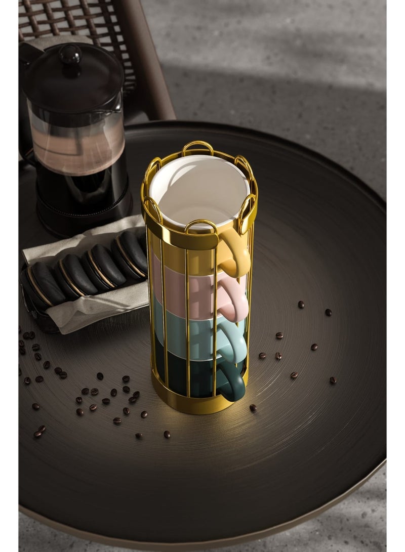 Smart Storage Stacking Mug & Stand Set with Gold Rack – Ceramic Coffee Cups Organizer. - Image 3