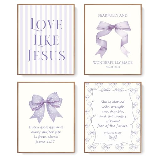 LARTSFRO Coquette Purple Bow Jesus Wall Art Decor Posters, Purple Bow Christian Room Bedroom Bathroom Dorm Wall Art Decor Aesthetic for Teen Girls Gifts, Inspirational Bible Verses Bow Wall Decor, 10x8 Inch Set of 4 Bow Pictures (UNFRAMED) - Image 1