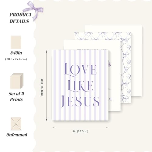 LARTSFRO Coquette Purple Bow Jesus Wall Art Decor Posters, Purple Bow Christian Room Bedroom Bathroom Dorm Wall Art Decor Aesthetic for Teen Girls Gifts, Inspirational Bible Verses Bow Wall Decor, 10x8 Inch Set of 4 Bow Pictures (UNFRAMED) - Image 2