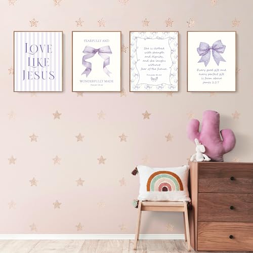 LARTSFRO Coquette Purple Bow Jesus Wall Art Decor Posters, Purple Bow Christian Room Bedroom Bathroom Dorm Wall Art Decor Aesthetic for Teen Girls Gifts, Inspirational Bible Verses Bow Wall Decor, 10x8 Inch Set of 4 Bow Pictures (UNFRAMED) - Image 3